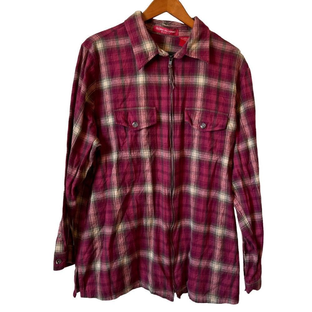 2X Zip Up Plaid Flannel Long Sleeve Shirt